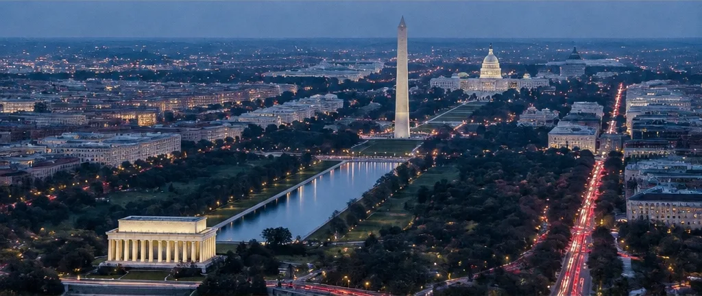 Aerial Washington, D.C. at dusk
