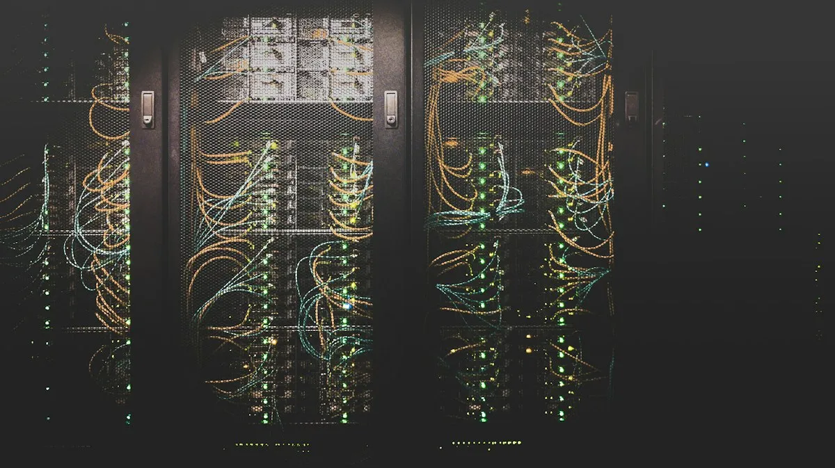 A data center server cabinet interior with glowing indicator lights and dense network cabling