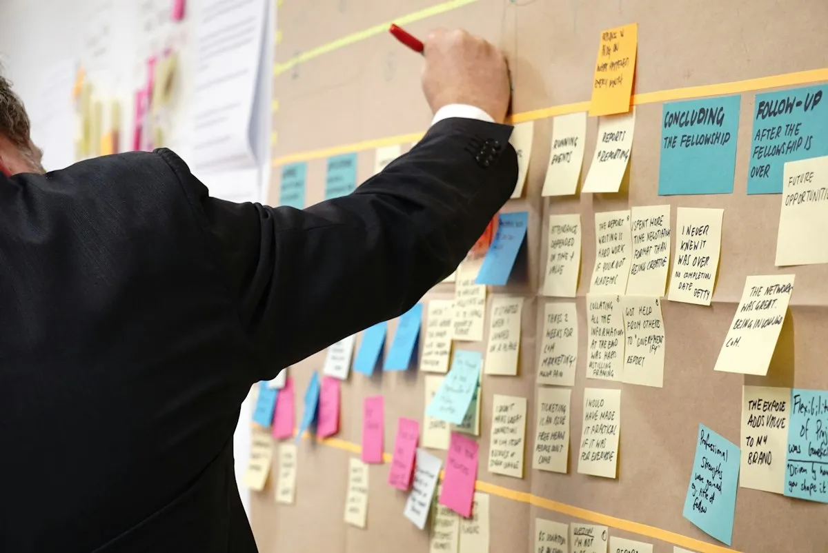 Project planning board with research notes and milestones