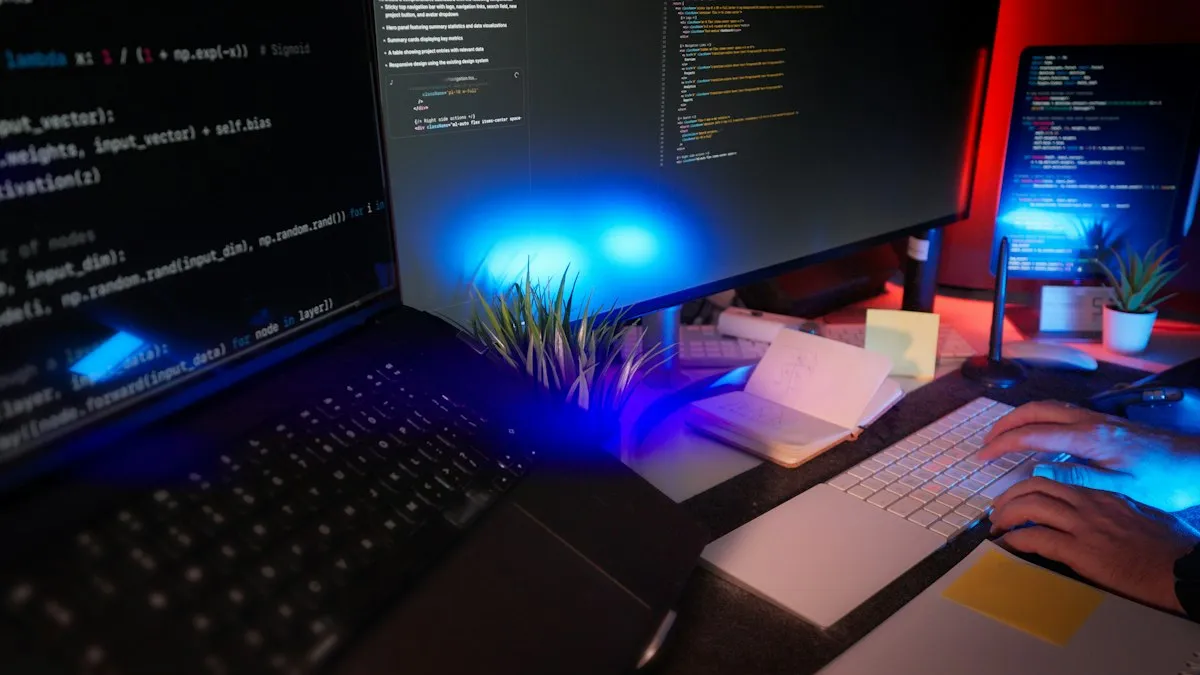 Person typing at a multi-monitor coding workstation with visible source code